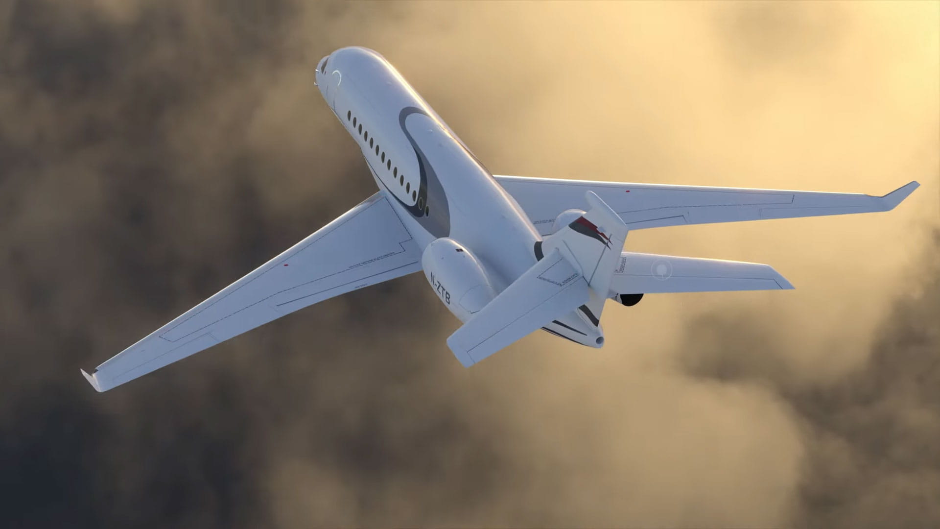 Computer rendering of a business jet flying above the clouds