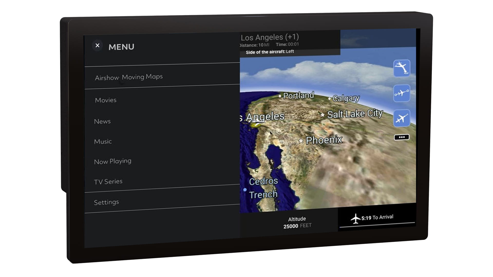 A tablet display with a menu of options on the left and a map on the right