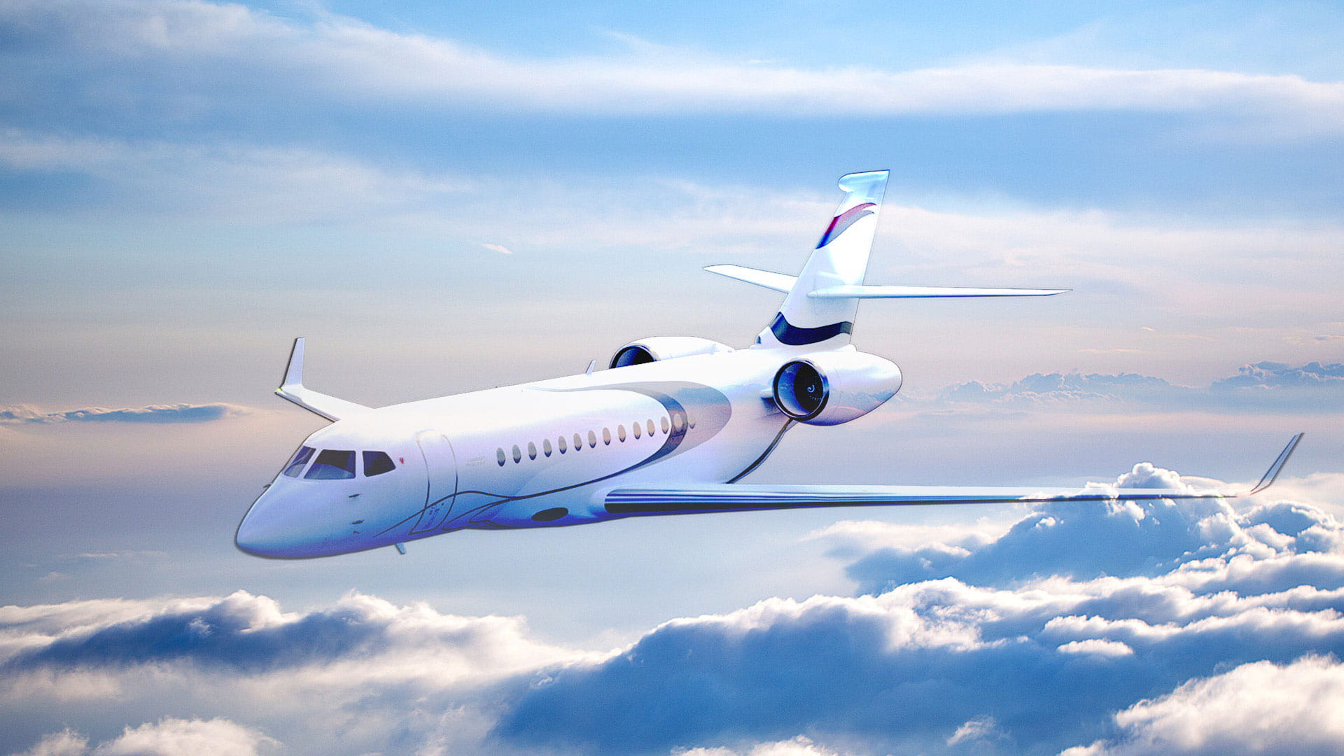 A business jet flying above clouds