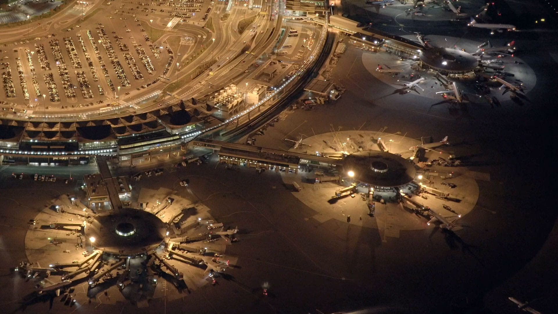 Aerial view of an airport at night