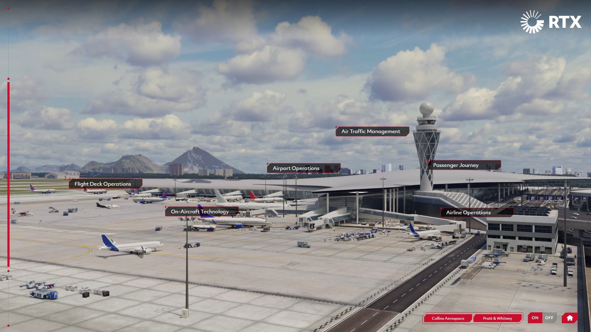 Computer rendering of an airport with planes at jet bridges