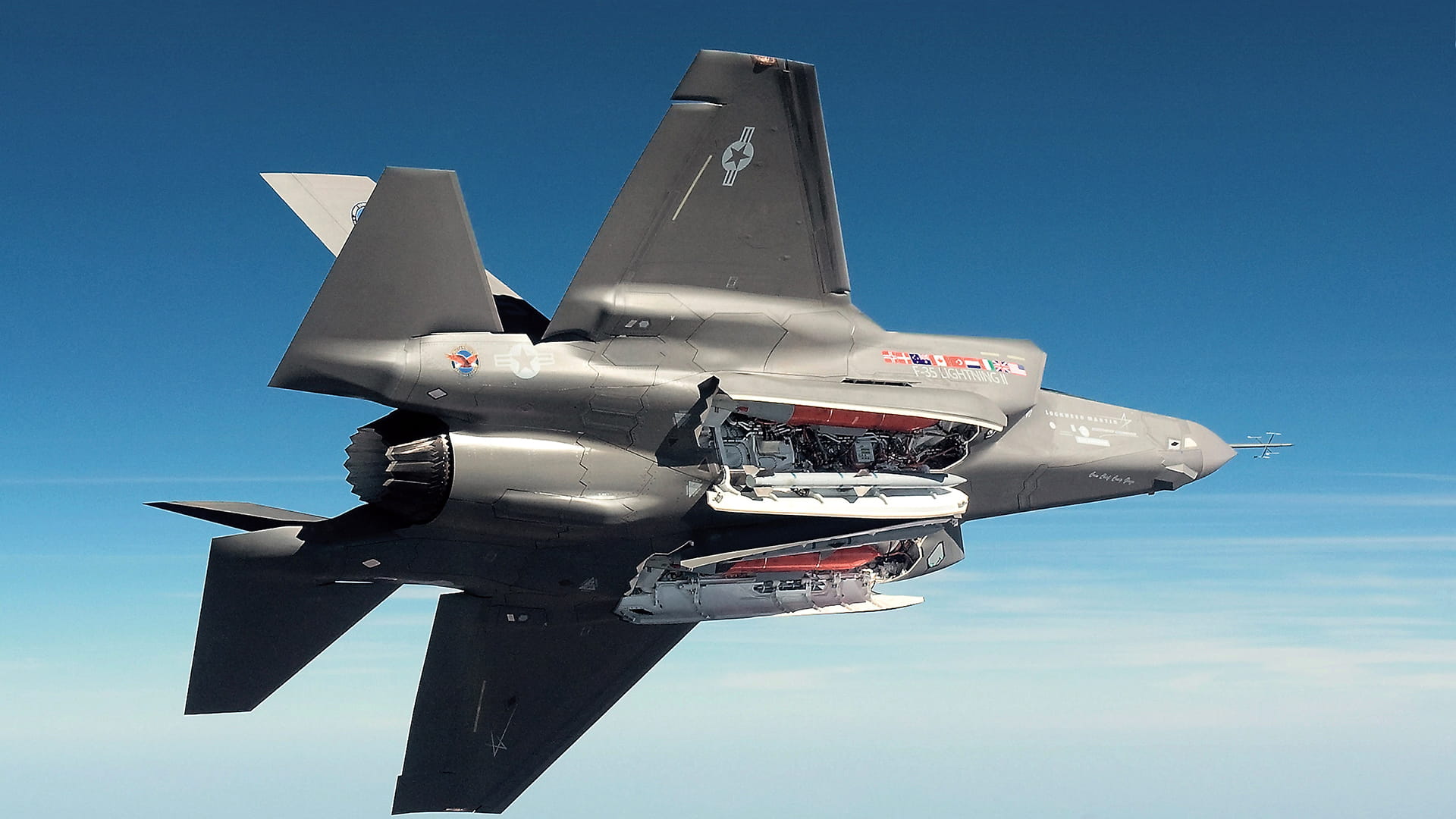 F-35 fighter jet flying at 45 degree angle