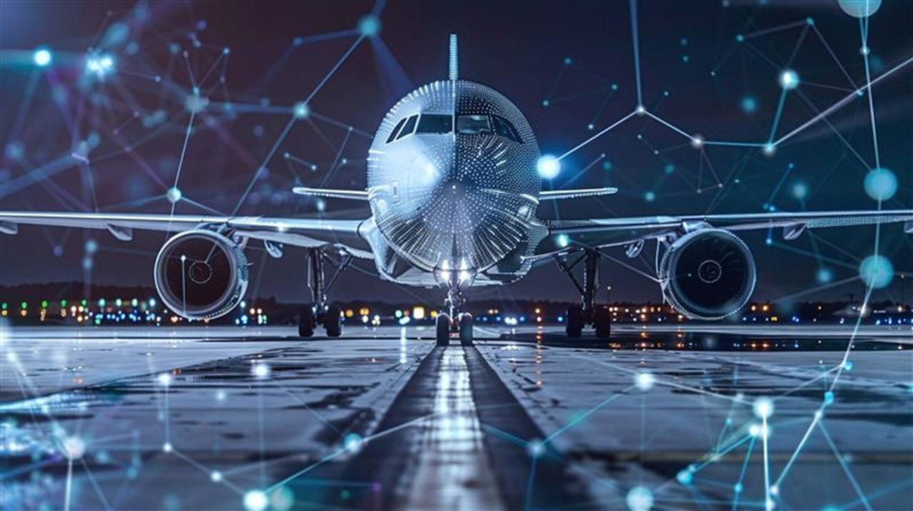 Commercial jet surrounded by graphic representations of digital signals