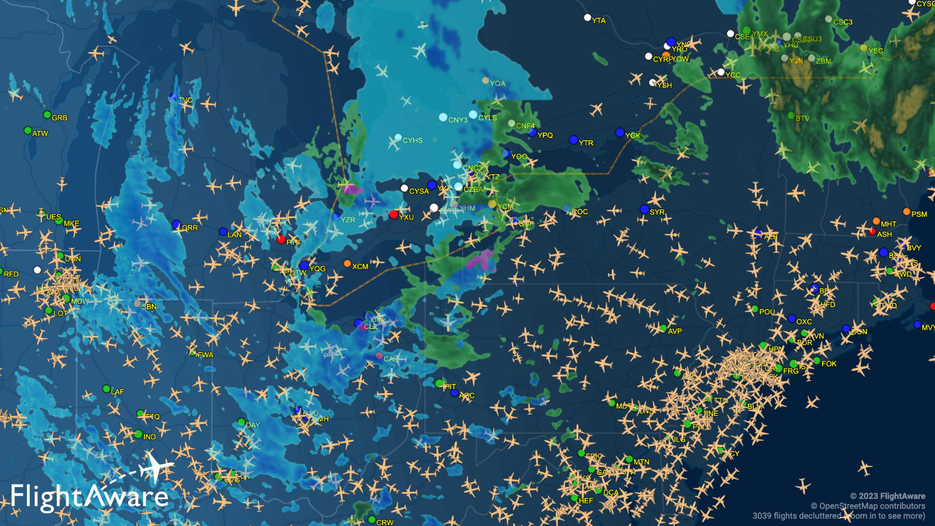 Air traffic and weather map from Collins FlightAware software