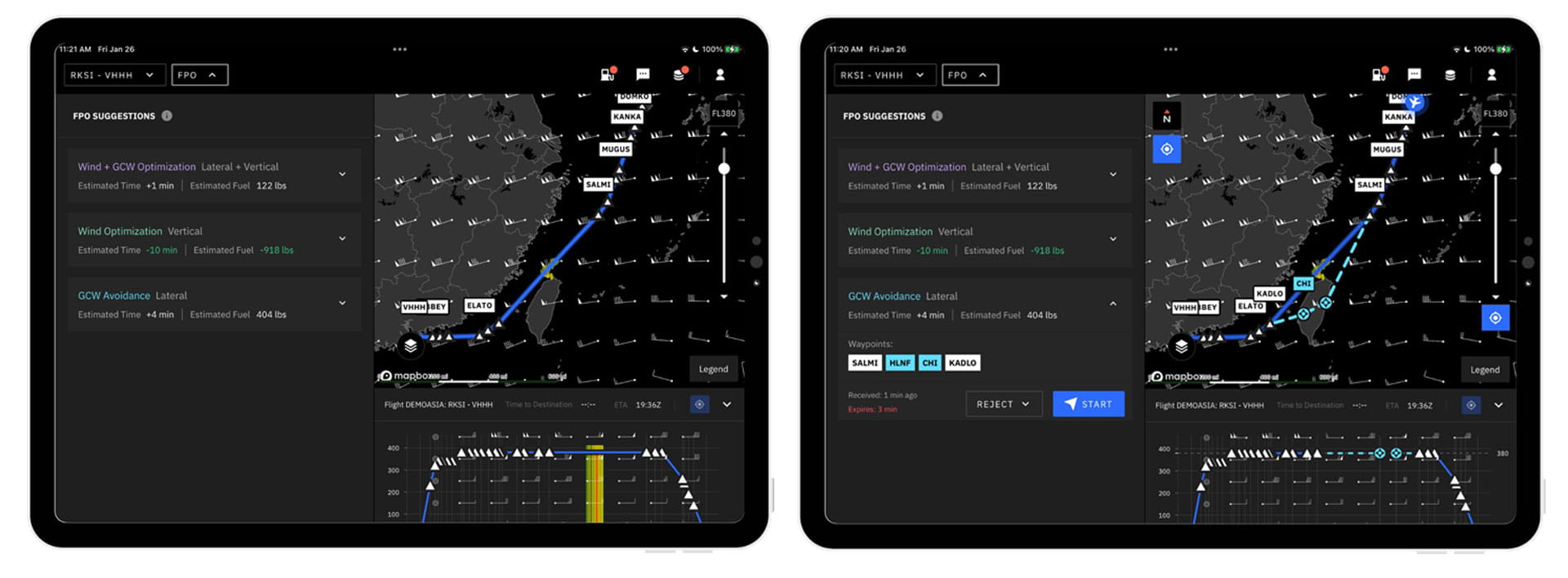 Screenshots of Flight Profile Optimization app