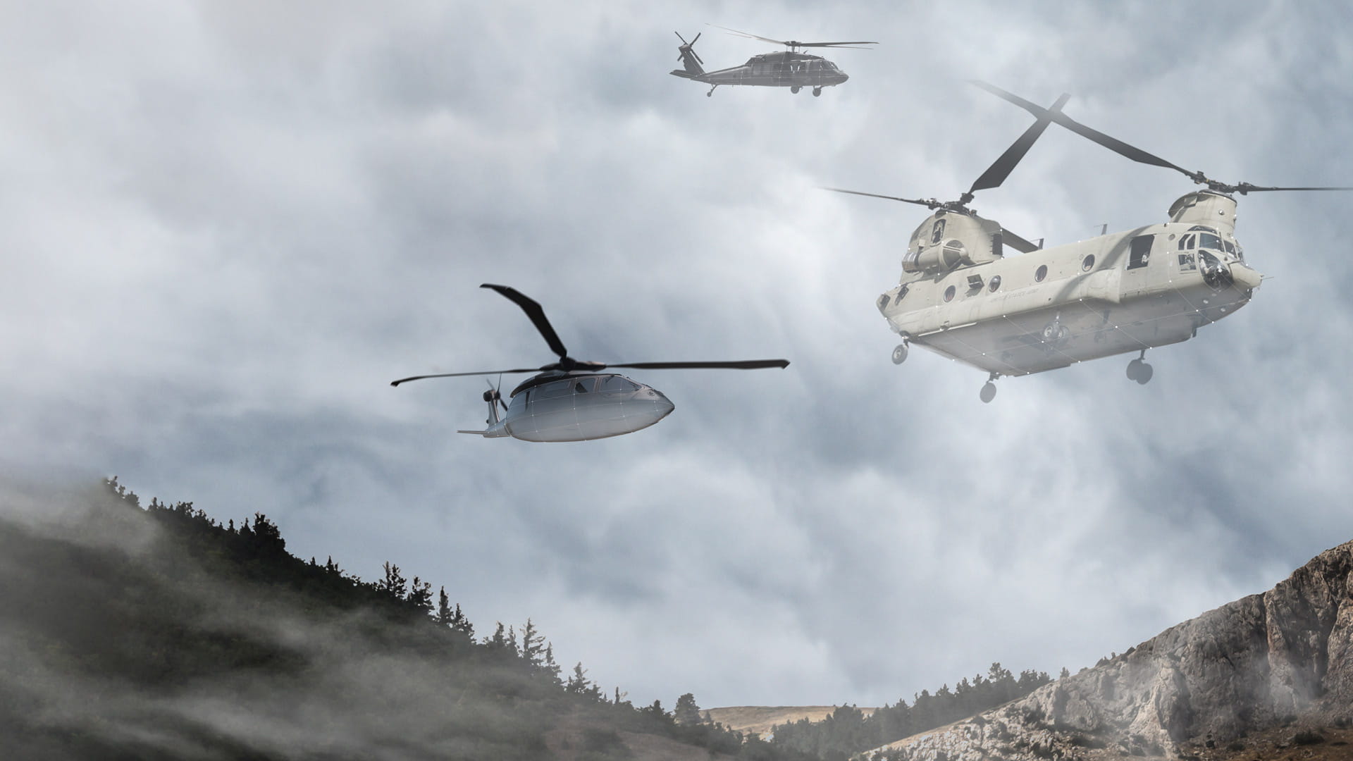 Computer illustration of an FVL helicopter, a CH-47 helicopter, and a UH-60 helicopter