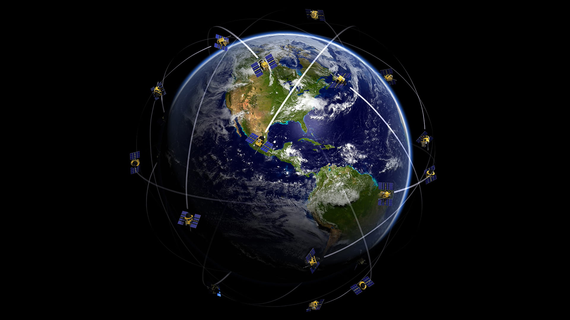 Computer rendering of satellites in orbit around Earth