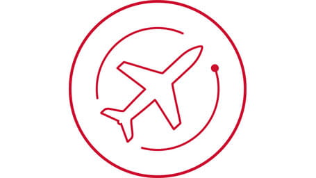 Plane in circle RTX red icon