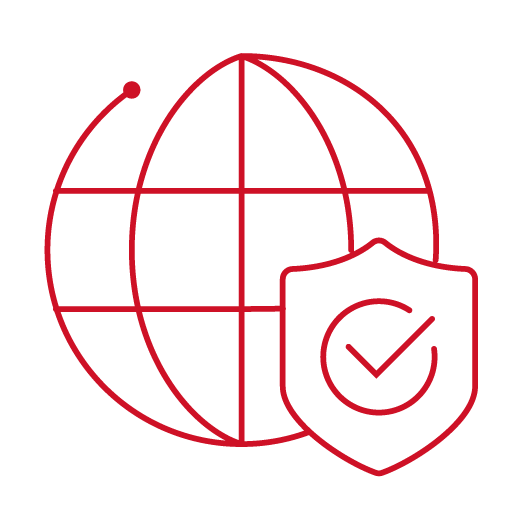 Icon of a checkmark on a shield in front of a wireframe globe