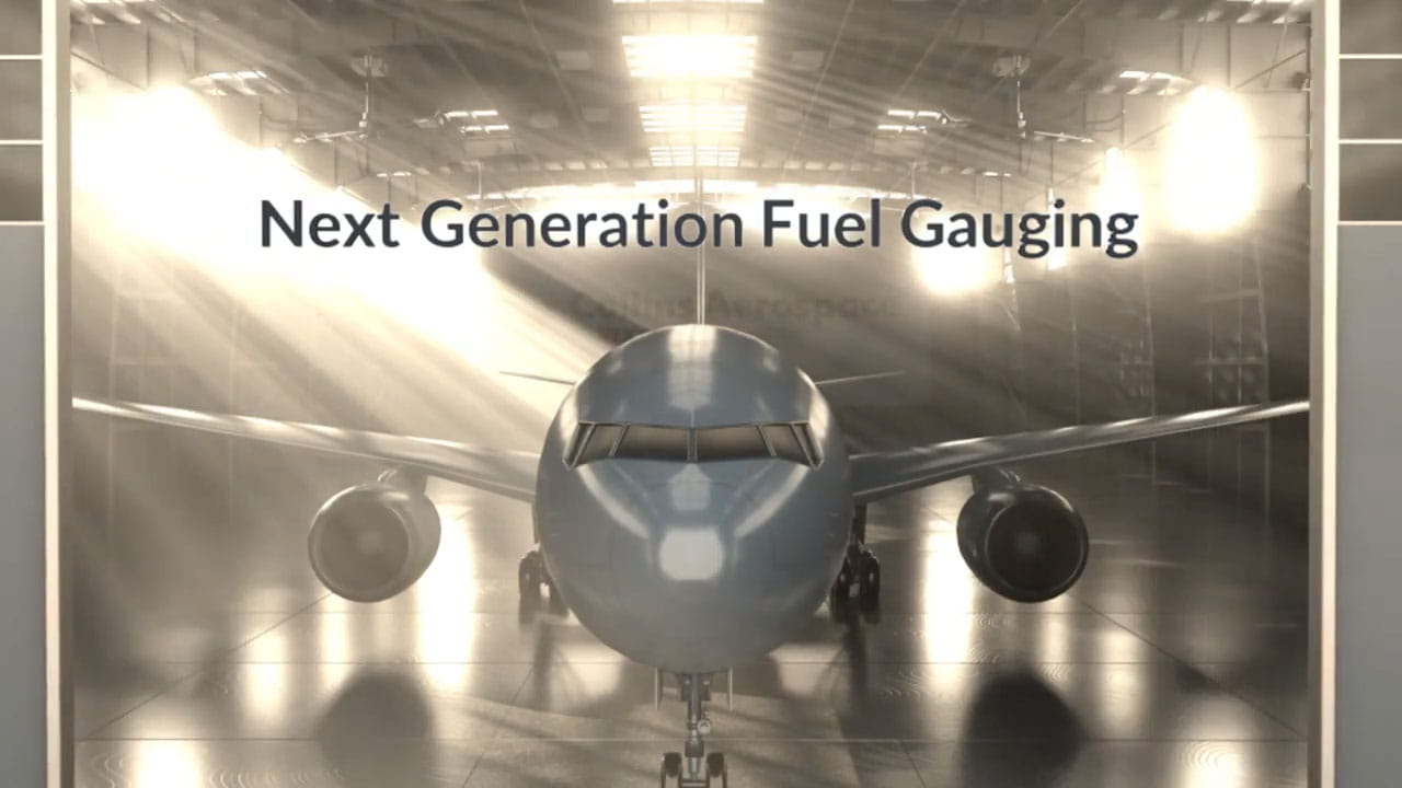 An aircraft in a hangar. The text 'Next Generation Fuel Gauging' is overlaid.