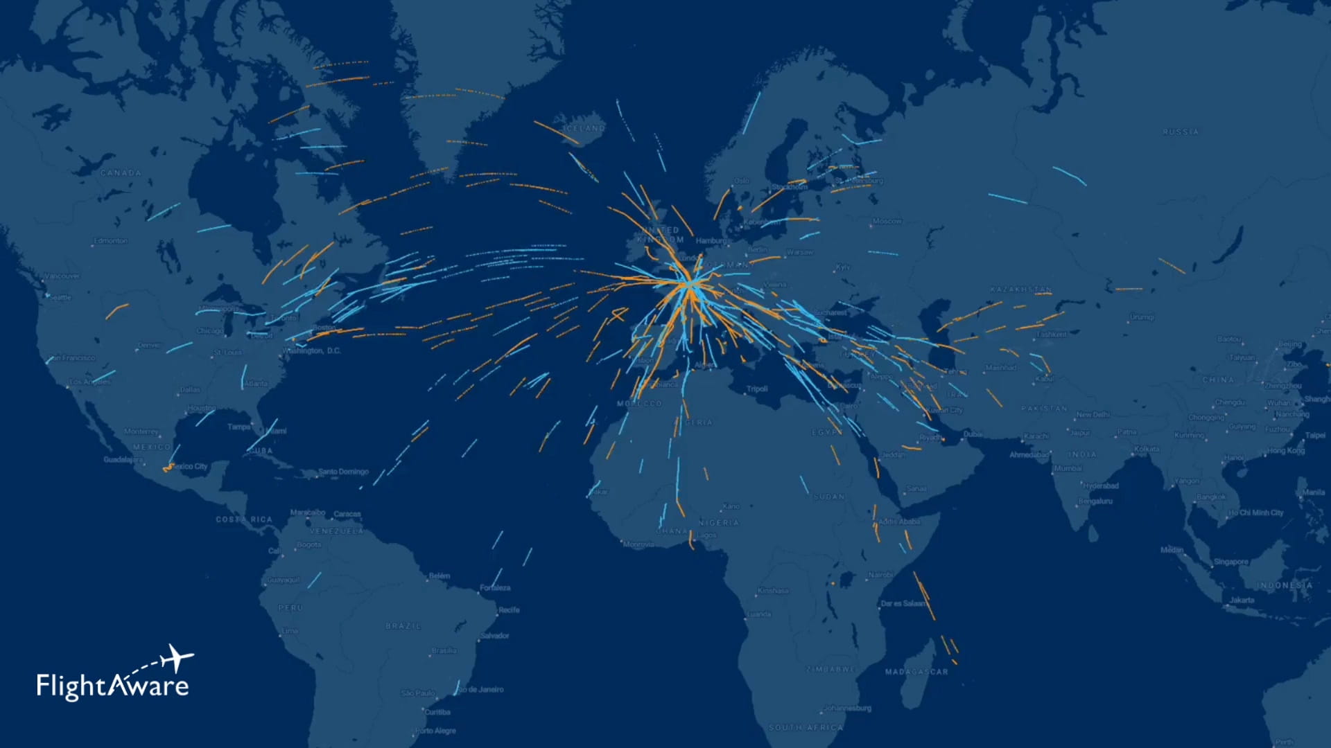 flight tracker overview graphic overlayed on the world map