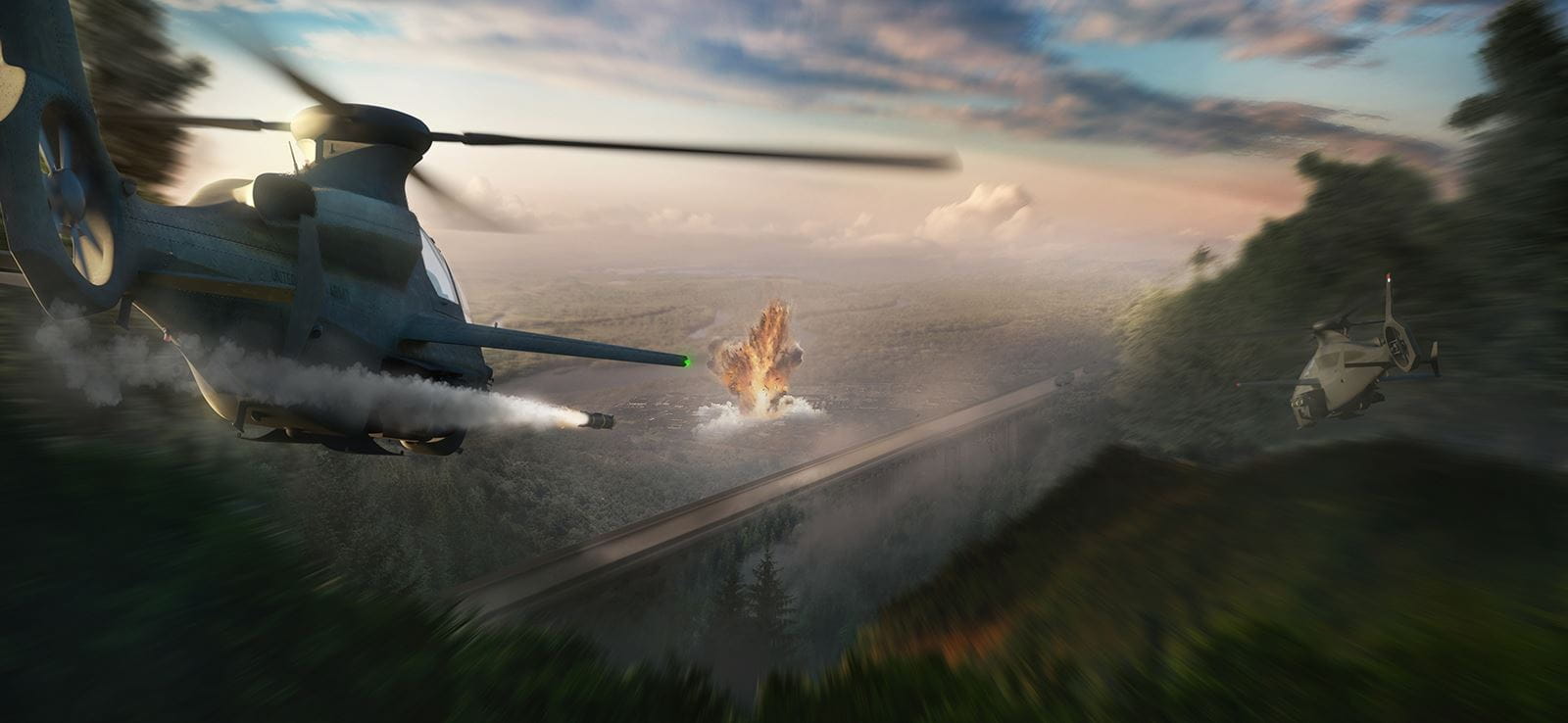 Artists rendering helicopter flying with explosion on ground