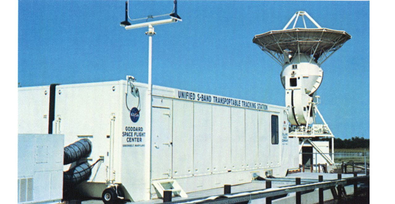Space Flight Center station with antenna and electronics equipment