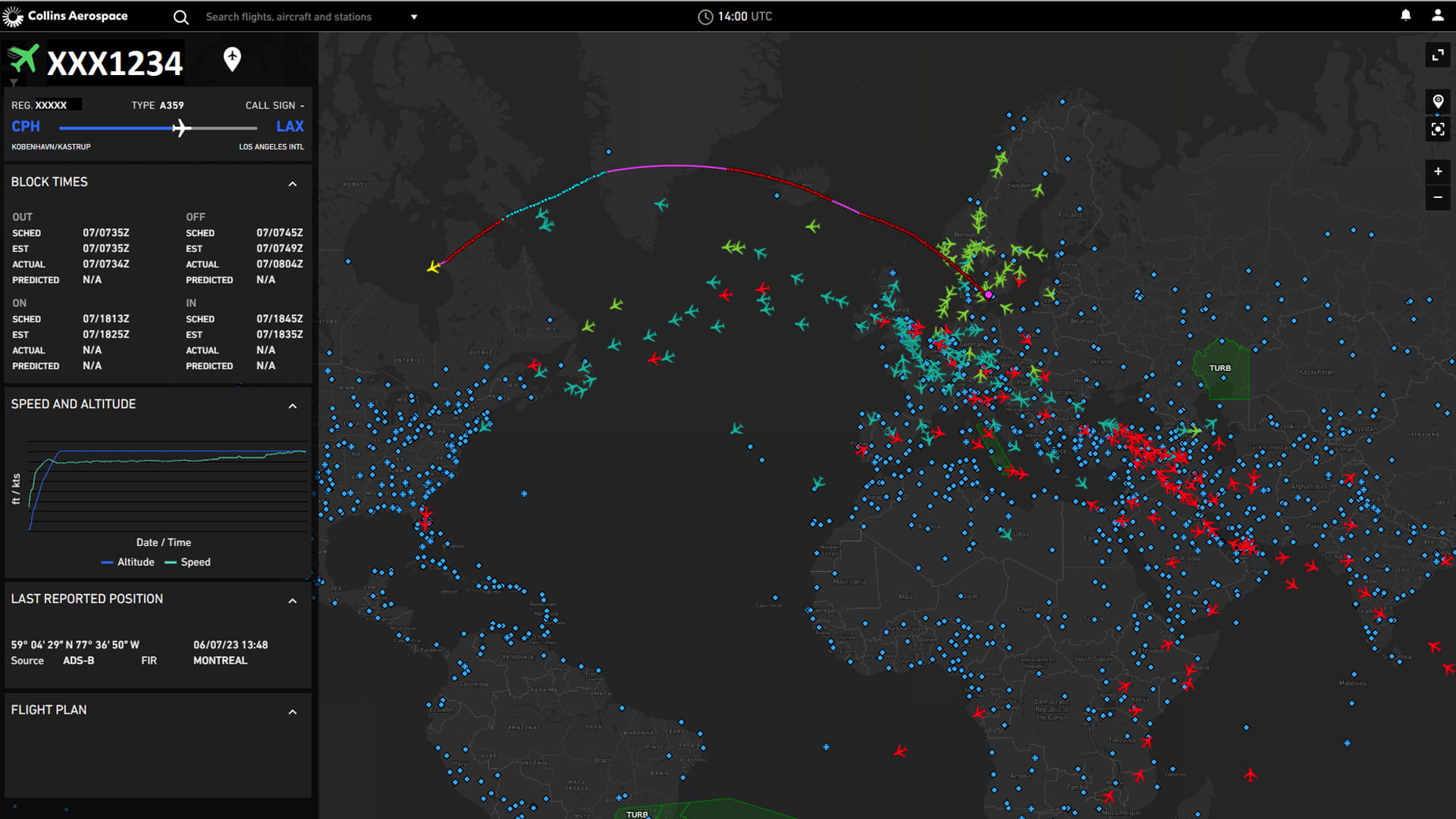 User interface from Collins' OpsCore software showing a map of the world with flight statuses overlaid