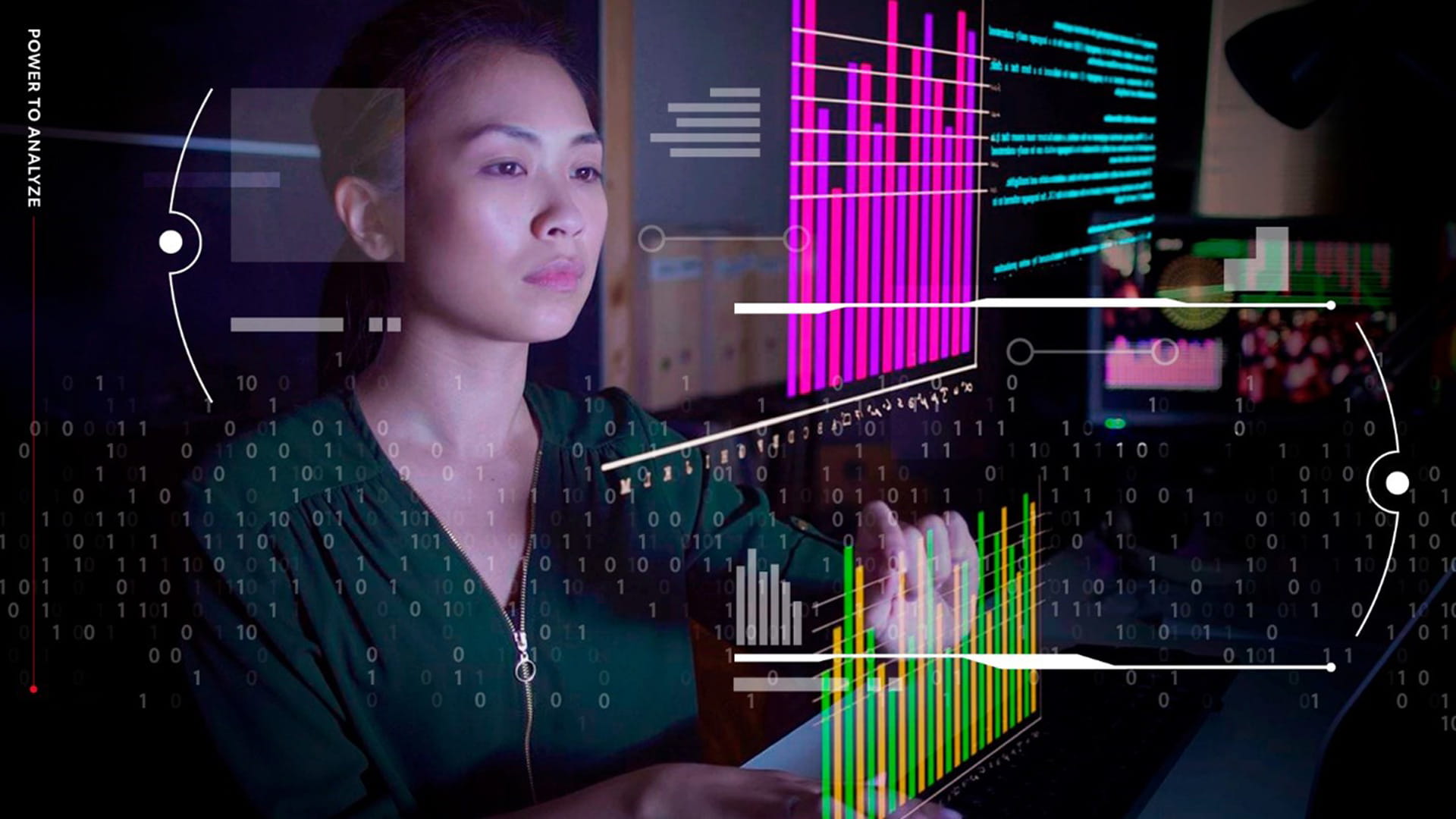 A woman views a virtual screen floating in front of her. The text 'Power to analyze' is overlaid.