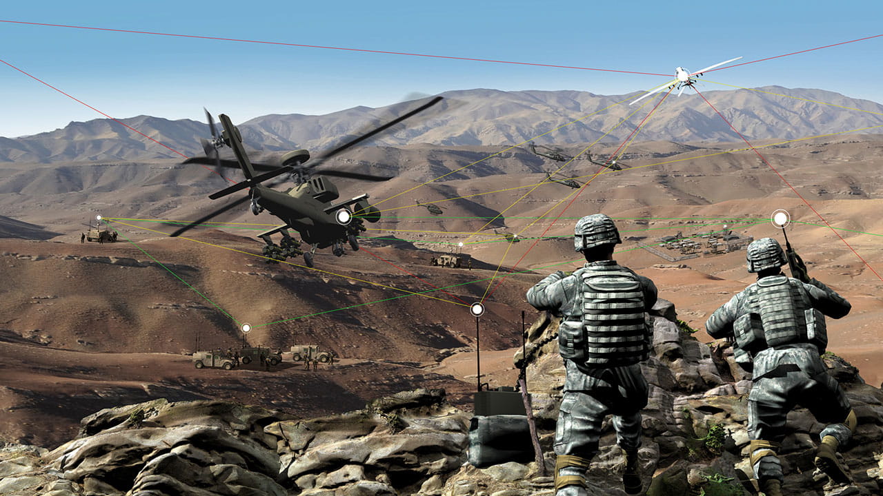 Military scene with 2 men and helicopter