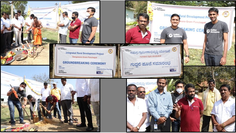 Collage of four pictures showing members of the Collins India CSR volunteering for the Integrated Rural Development project