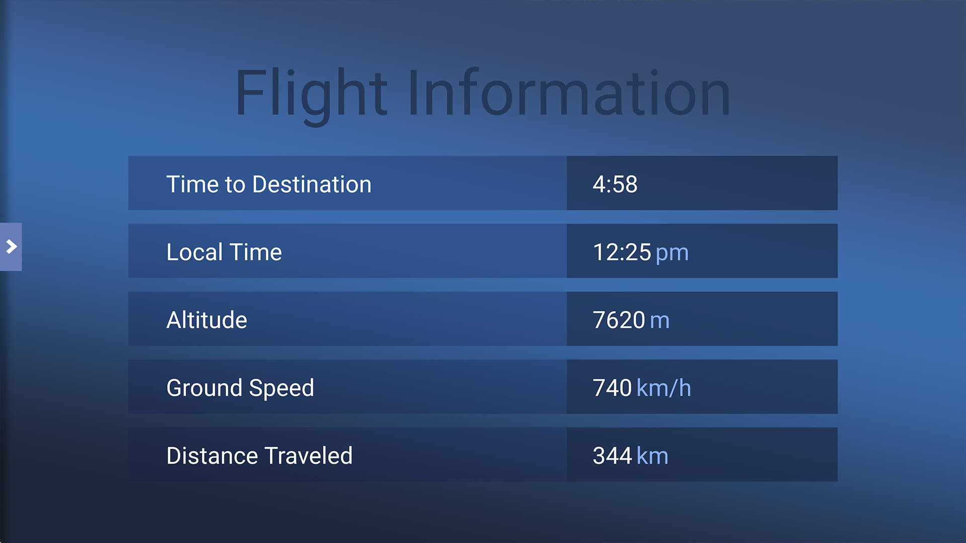 Airshow Moving Maps display showing flight information such as time to destination, local time and altitude.