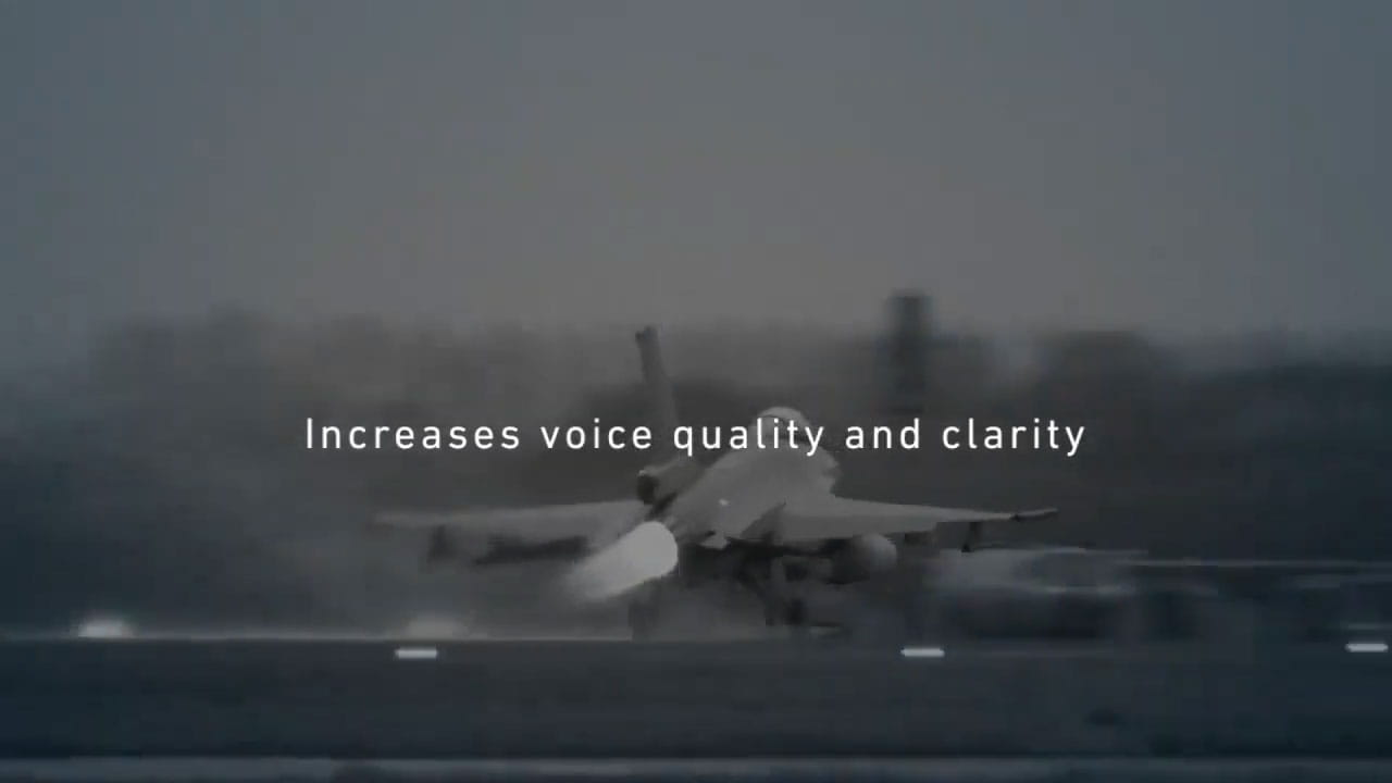 A fighter jet prepares to take off. The text 'Increases voice quality and clarity' is overlaid on the image.