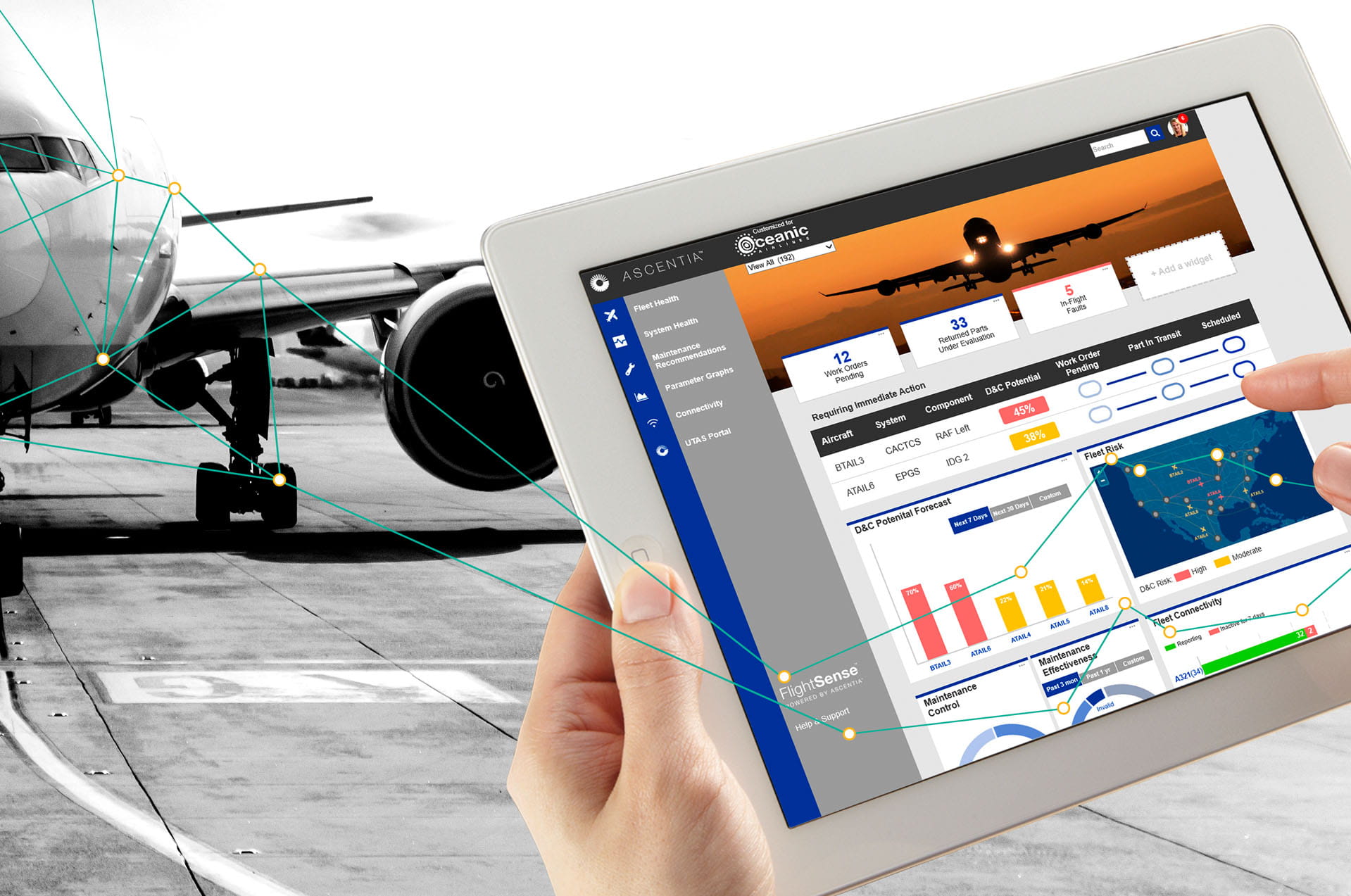 Person holding tablet looking at FlightSense data