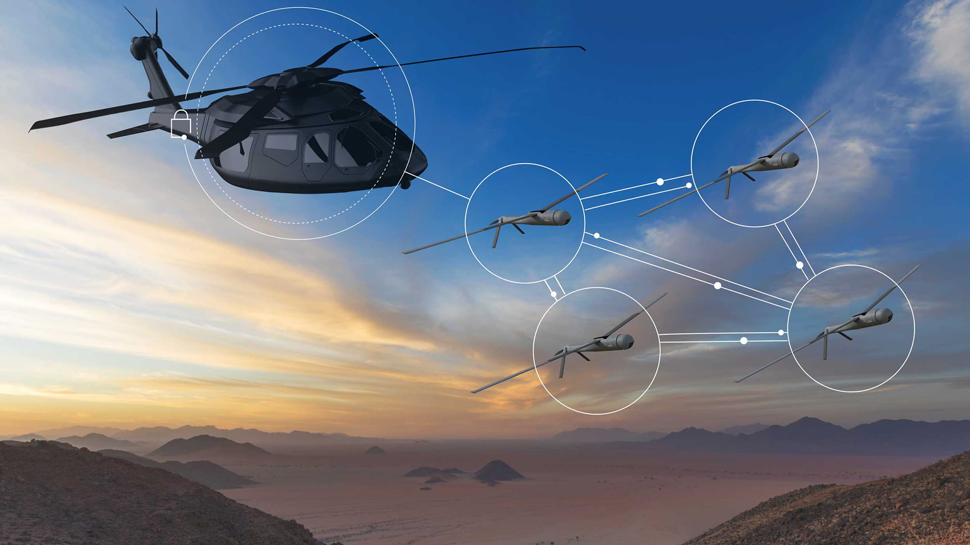 Illustration of a helicopter and four drones