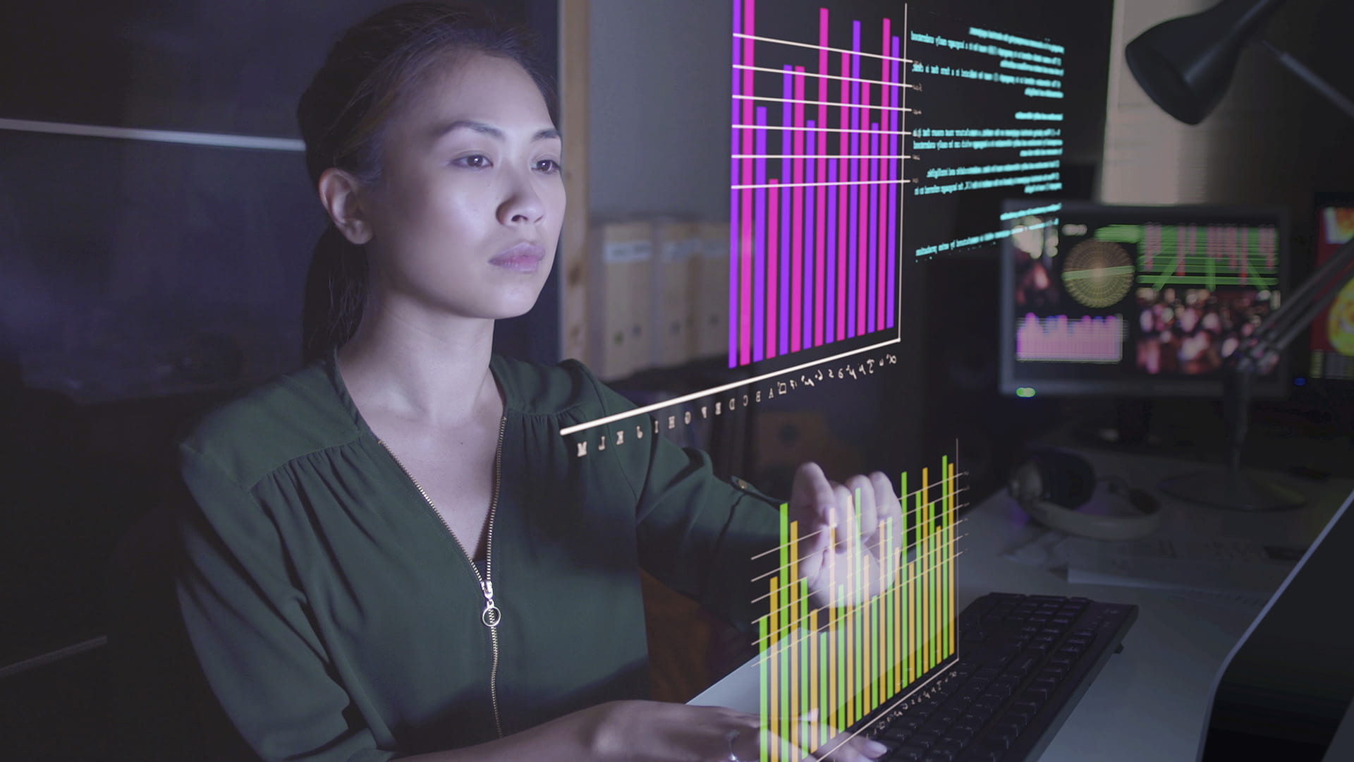 Woman interacting with holographic displays