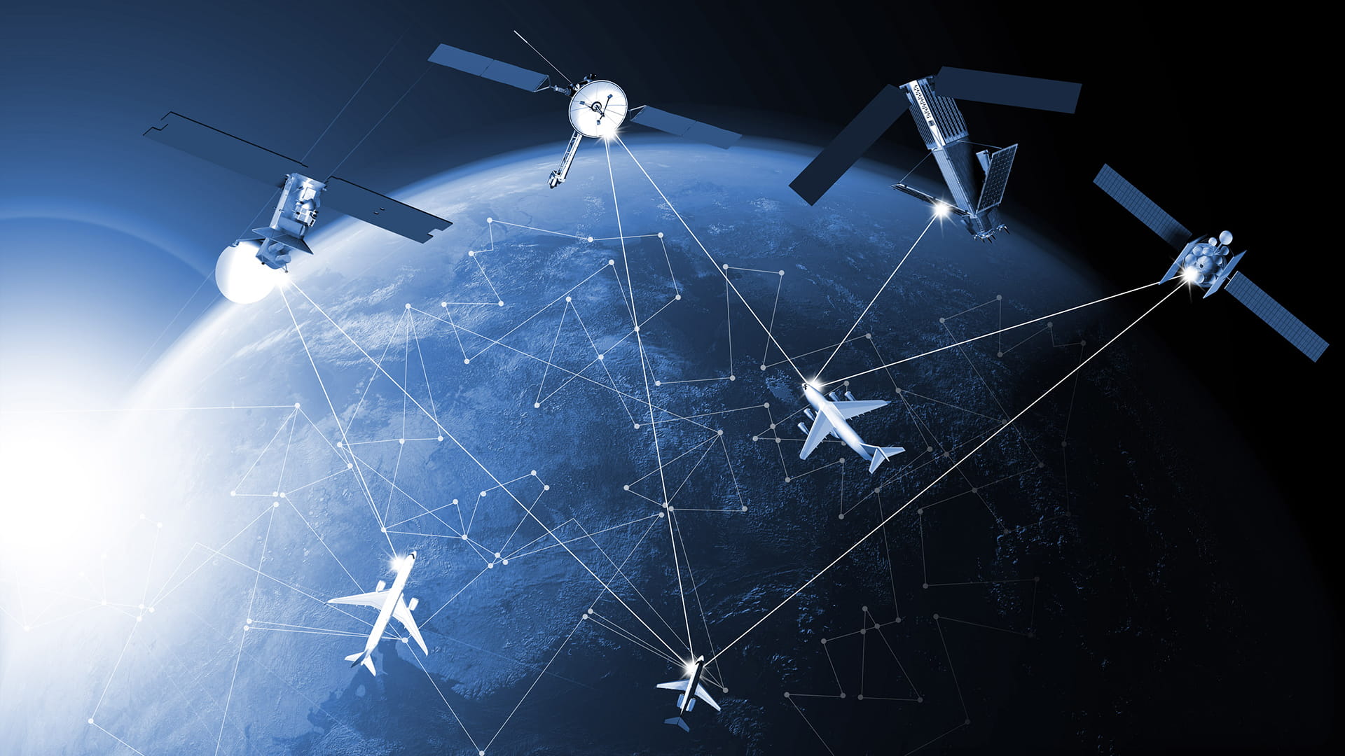 Rendering of satellites and planes communicating