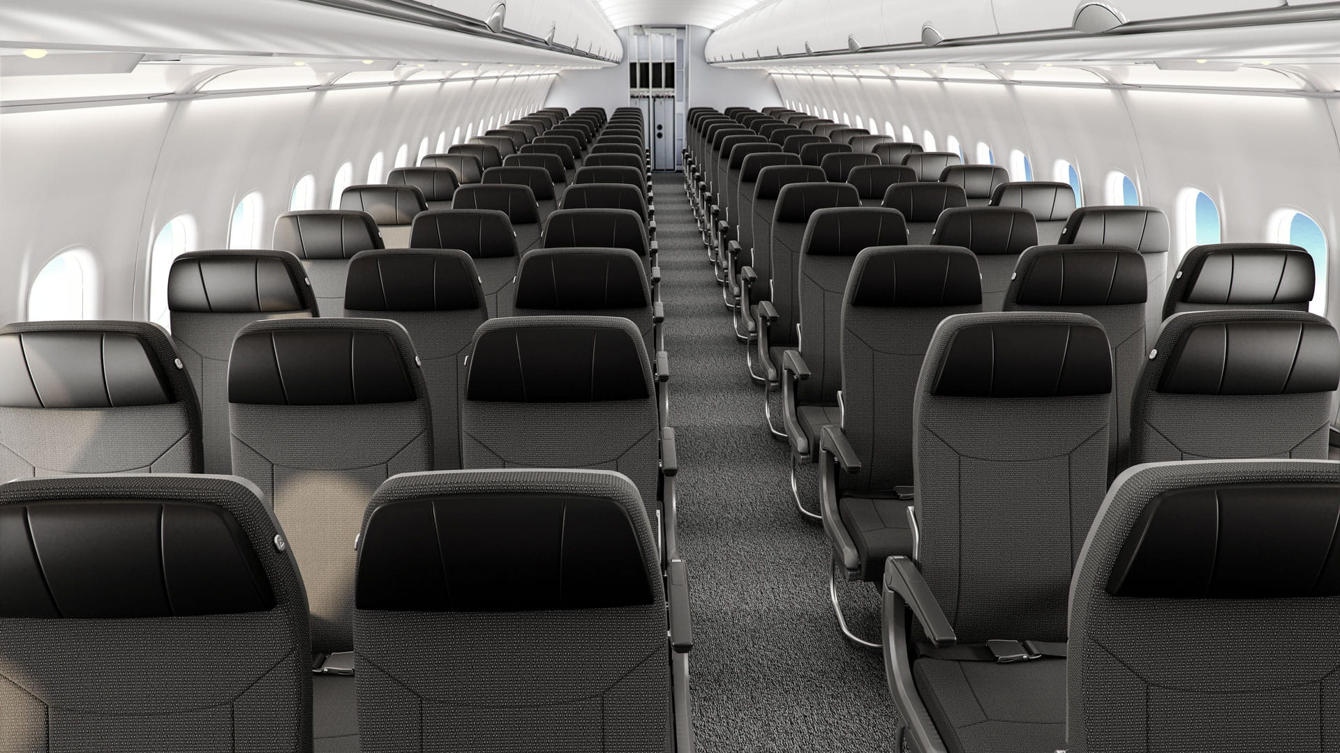 Cabin of a single-aisle commercial jet