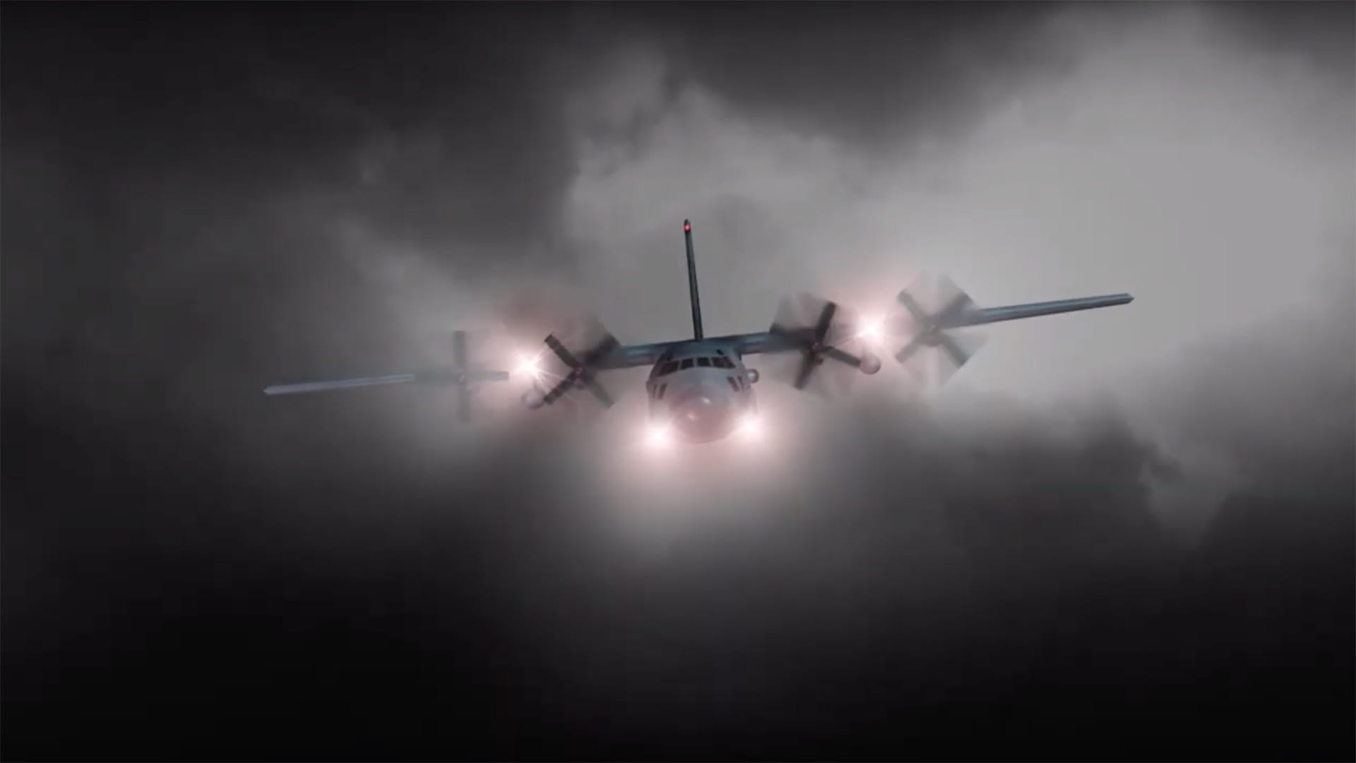 Military C-130 flying thru dark skies