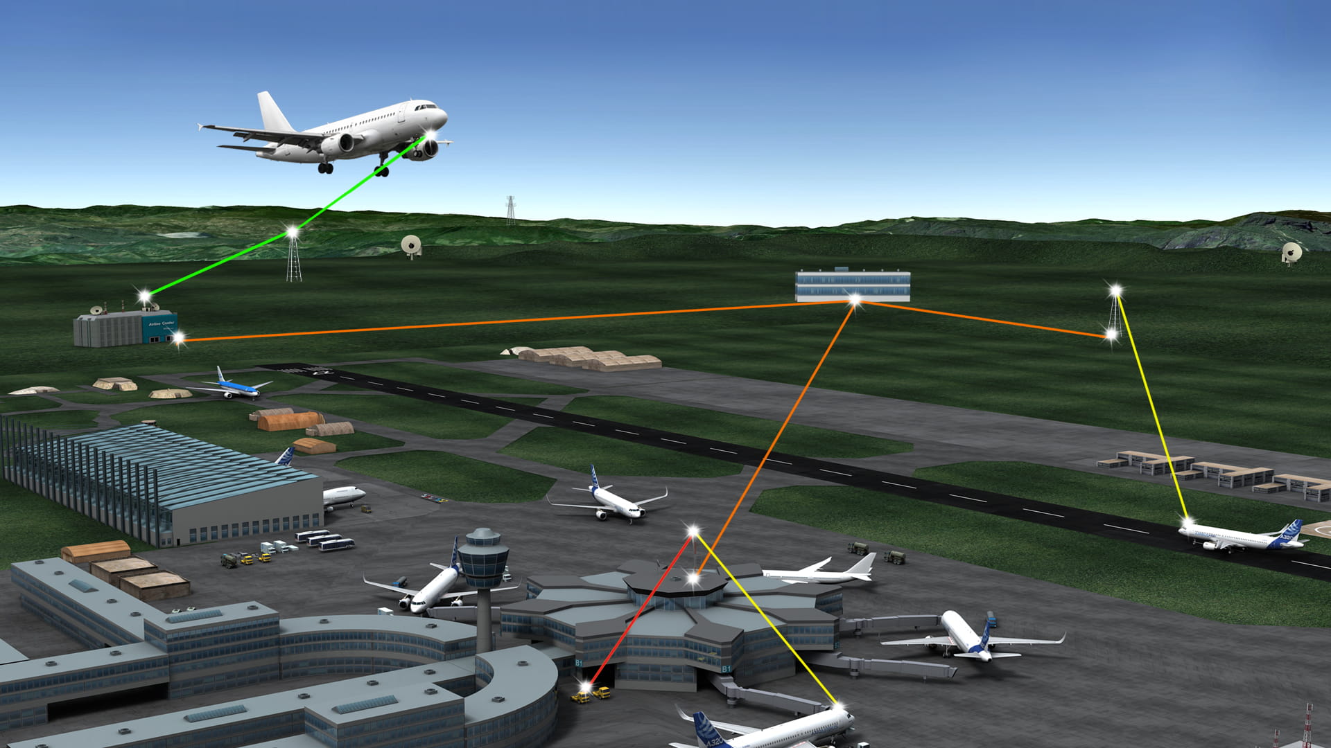 a rendering of an airplane flying over an airport terminal
