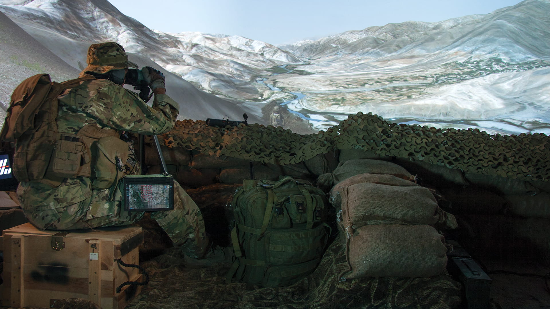 Warfighter with tactical gear using Collins Aerospace’s RealFires™ joint fires and effects simulator