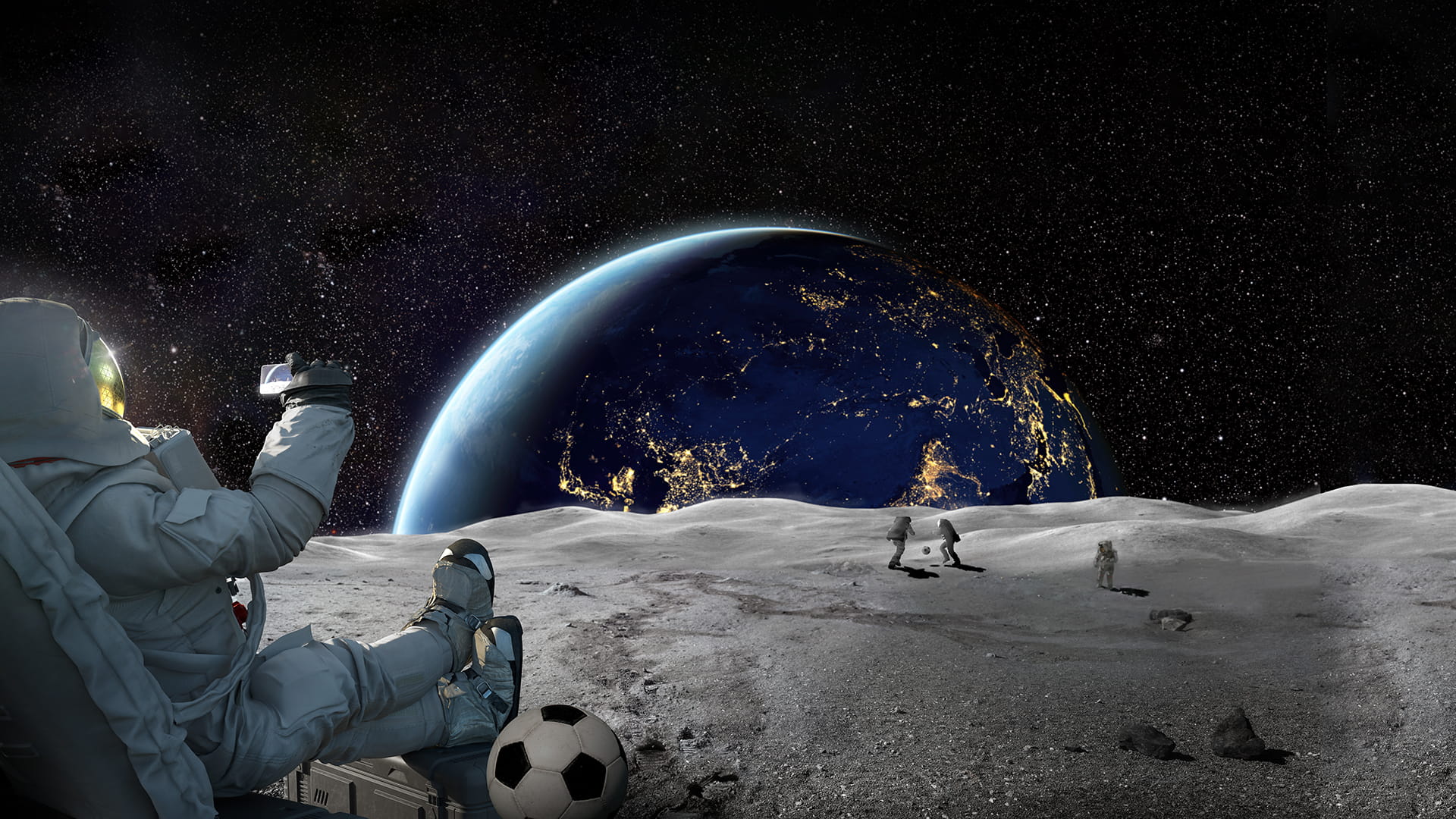 A computer illustration of astronauts on the moon playing soccer. Earth is visible in the background.