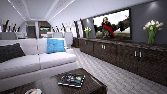 inside of a private jet with a couch and large tv