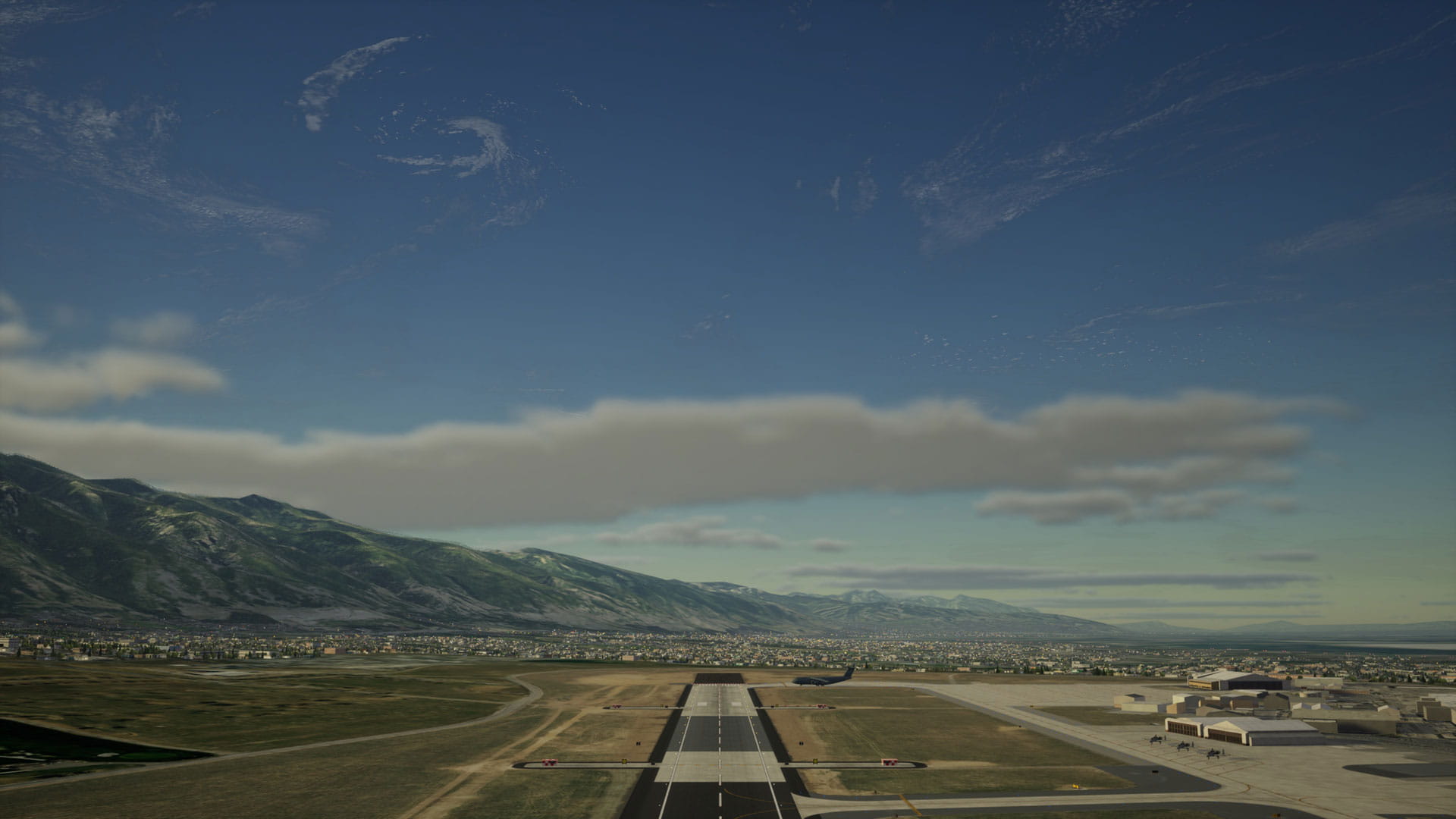 Computer-simulated image looking out the window of an aircraft at takeoff