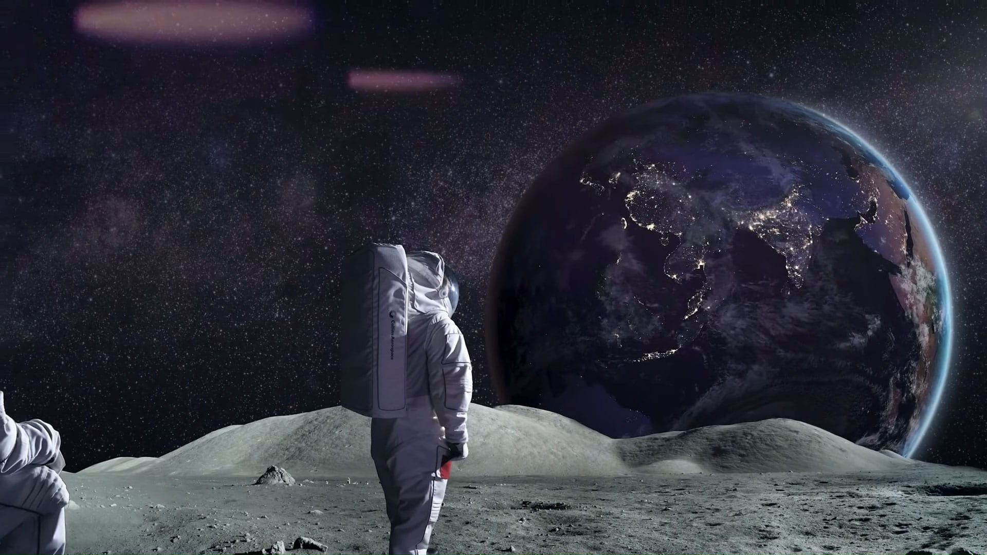 Artist rendering of an astronaut on the moon with Earth visible in the background