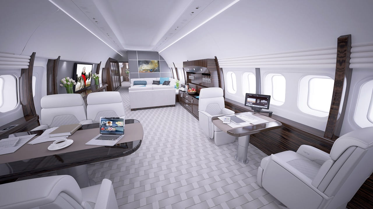 A business jet outfitted with Collins Venue Cabin Management System