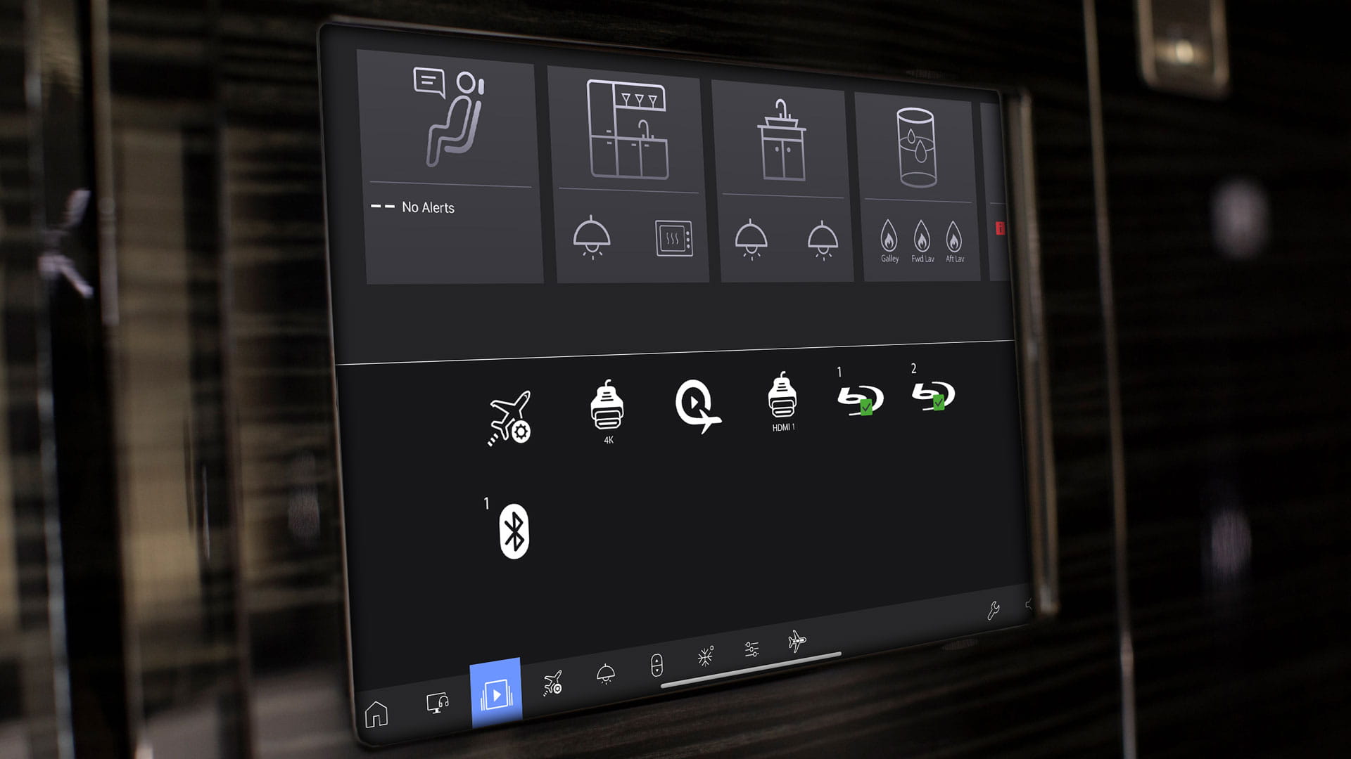 A tablet graphical user interface (GUI) for a business jet galley
