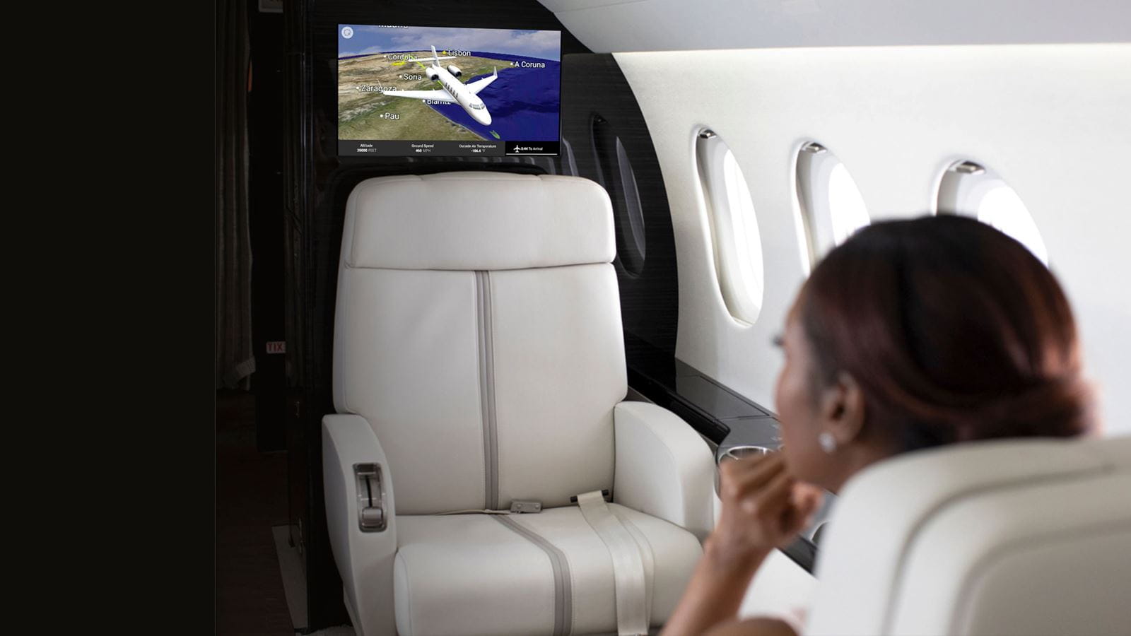 A woman watching TV on a business jet