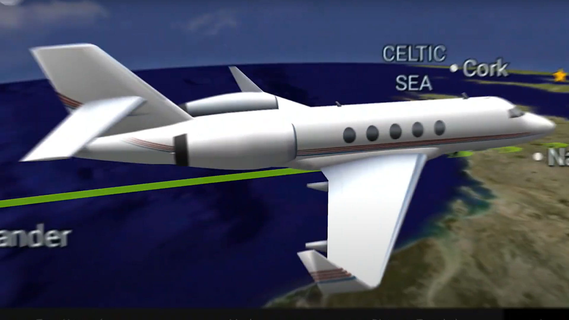 Computer rendering of a business jet flying over the Celtic Sea