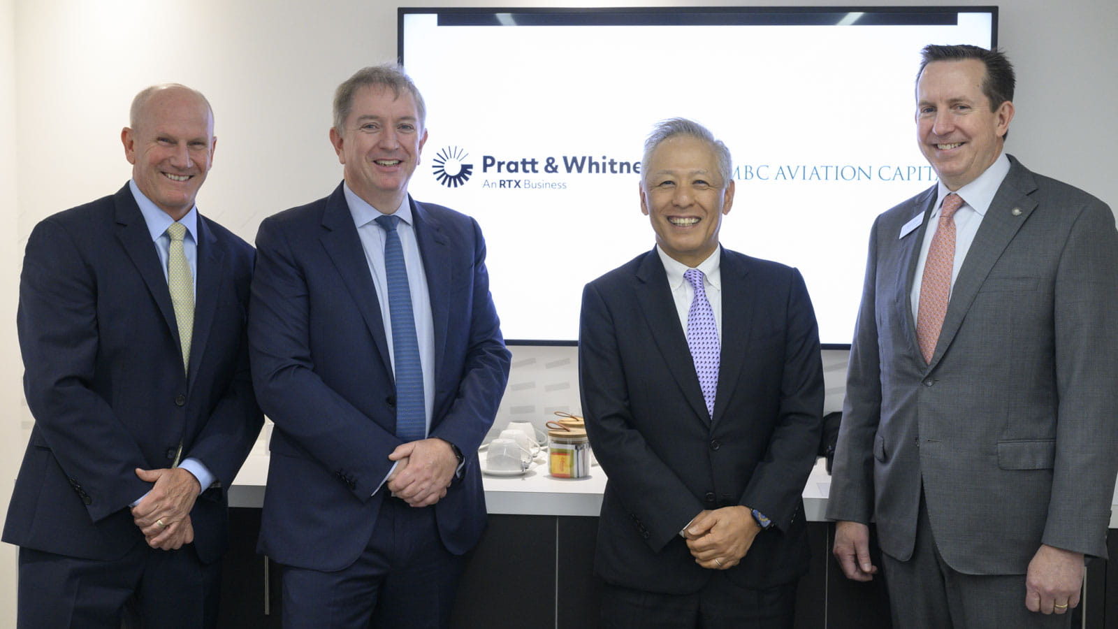 From L to R_ Rick Deurloo, Pratt & Whitney president of Commercial Engines; Peter Barrett, CEO of SMBC Aviation Capital; Akihiro Fukutome, President, CEO & Representative Dir