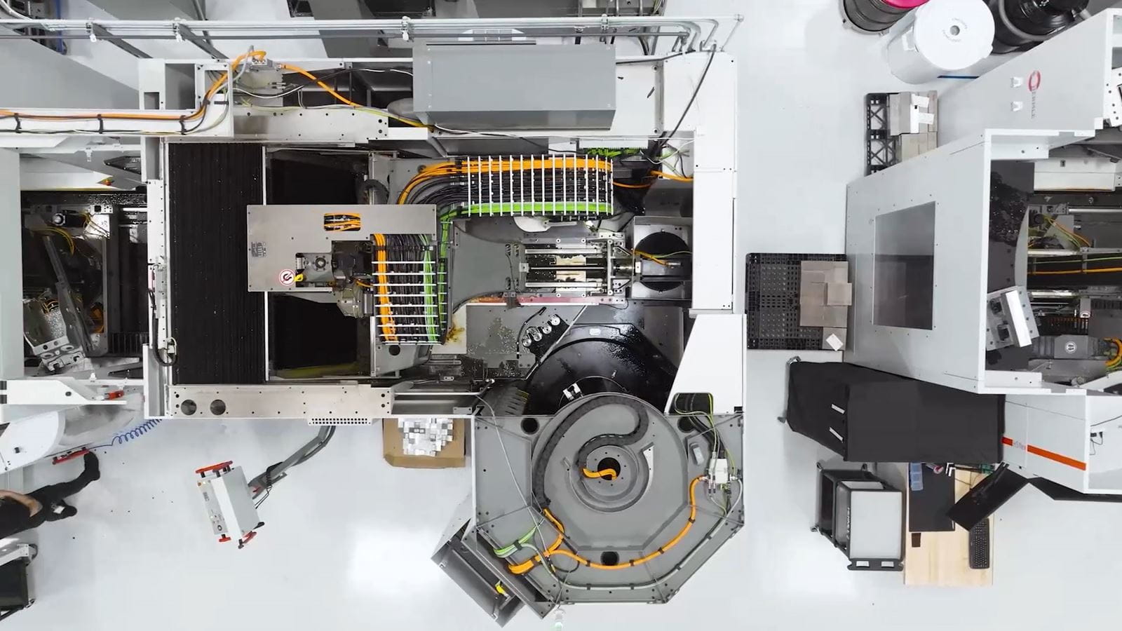 Birds-eye view of a robot assembly line