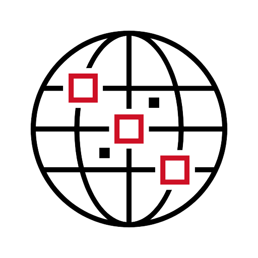 A wireframe globe with markers for locations