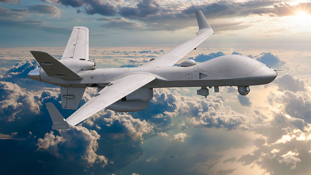 Rendering of a General Atomics Aeronautical Systems MQ-9B SeaGuardian® drone in flight over clouds