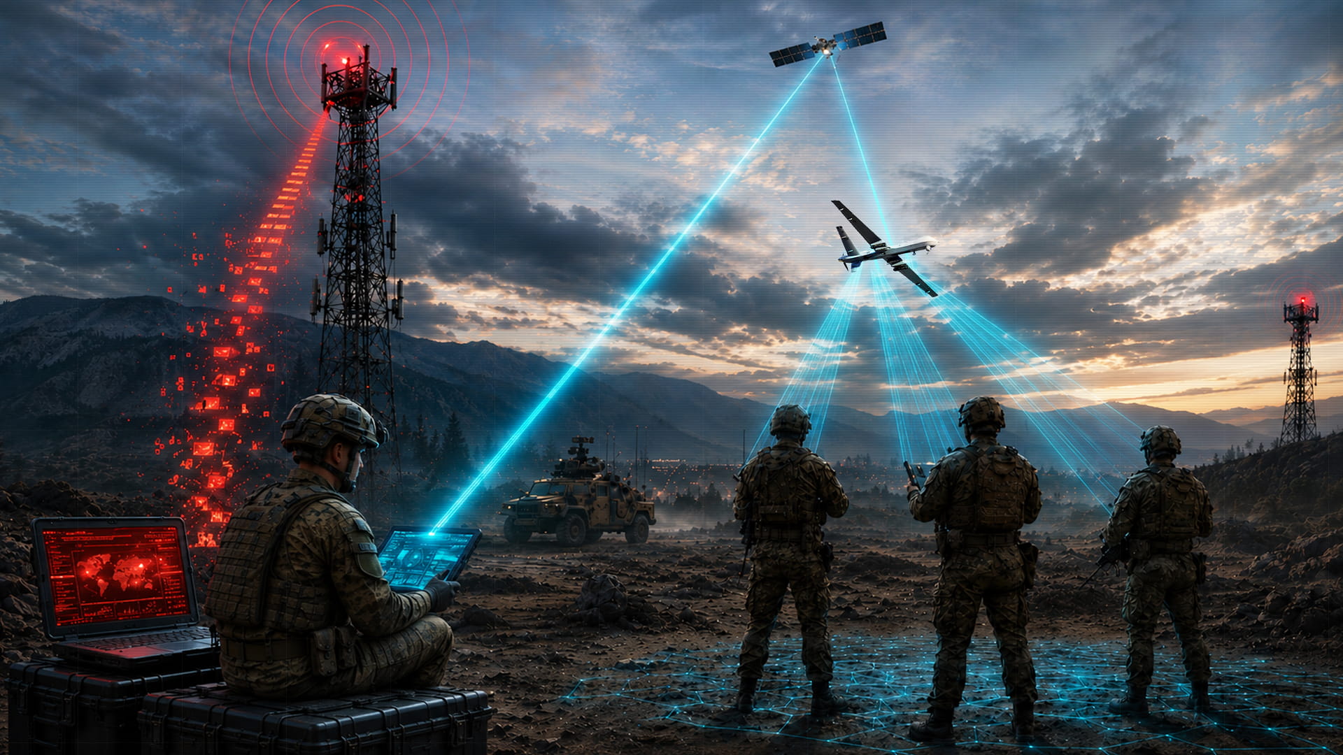 Illustration of soldiers communicating with airborne drones.
