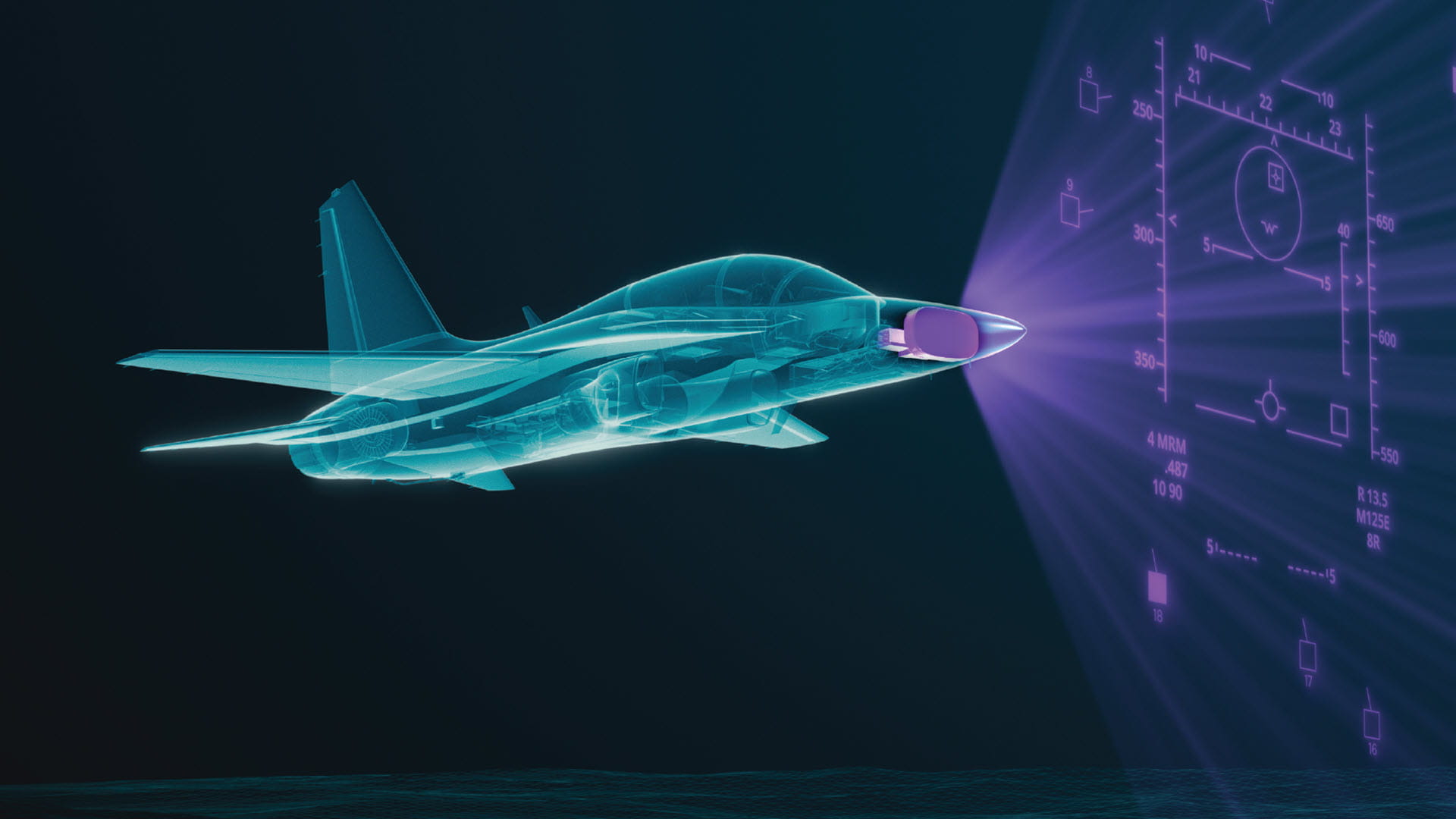 Computer illustration of a fighter jet projecting a radar beam