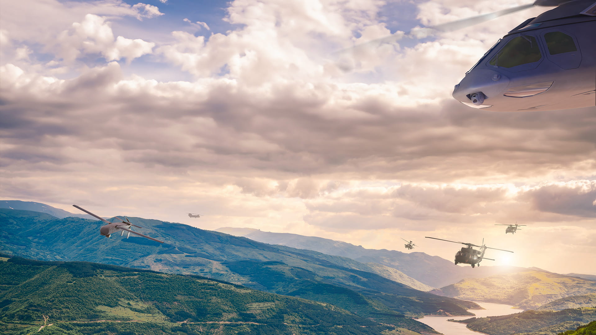 Computer rendering of drones and helicopters in flight over grassy hills