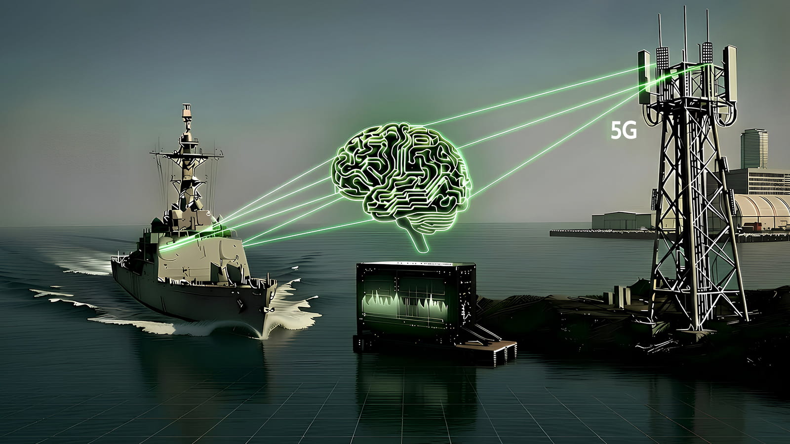 Computer illustration of a battleship and 5G tower