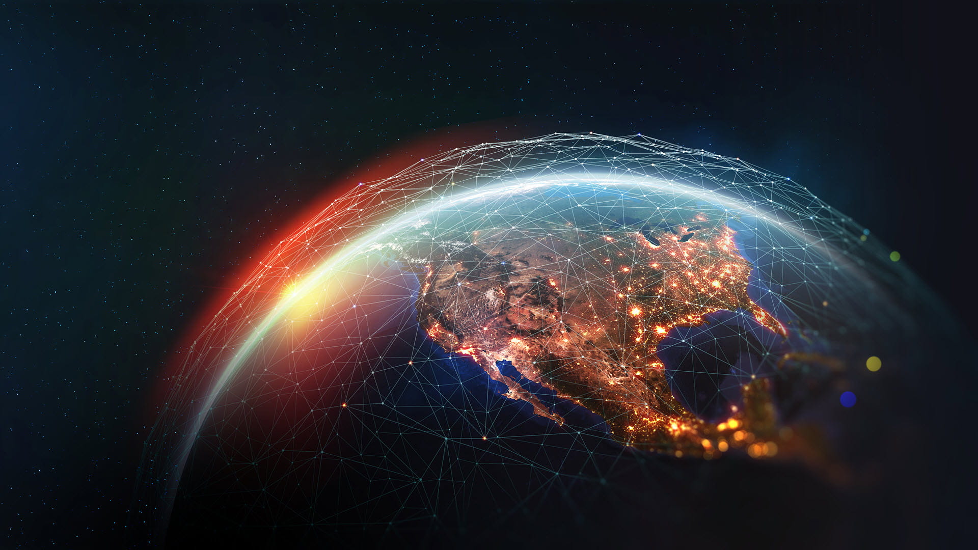 Computer rendering of Earth focused on North America at night with surface lights visible and the sun just starting to rise