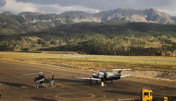 The Pilatus PC-12 takeoff-ready in Telluride, Colorado.