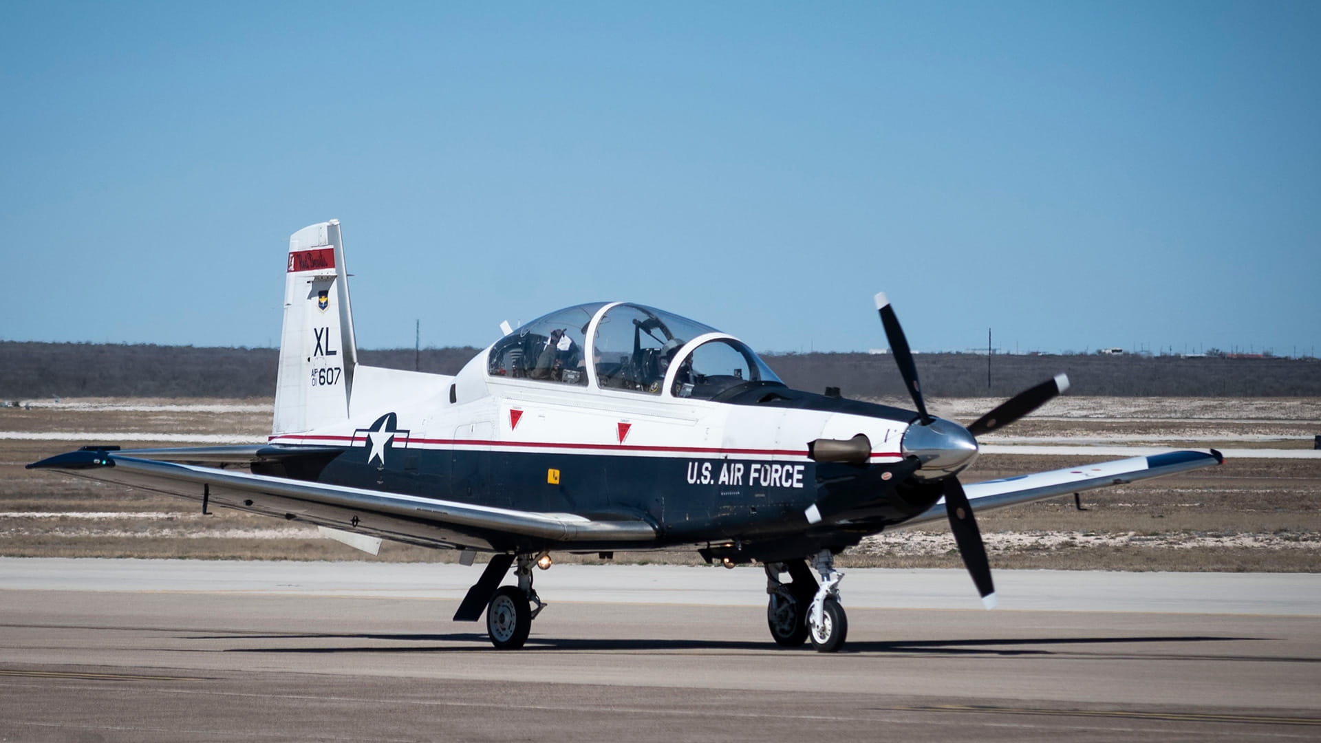 T-6A Texan II taxiing towards the runway. Photo credit: U.S. Air Force Senior Airman Kailee Reynolds.